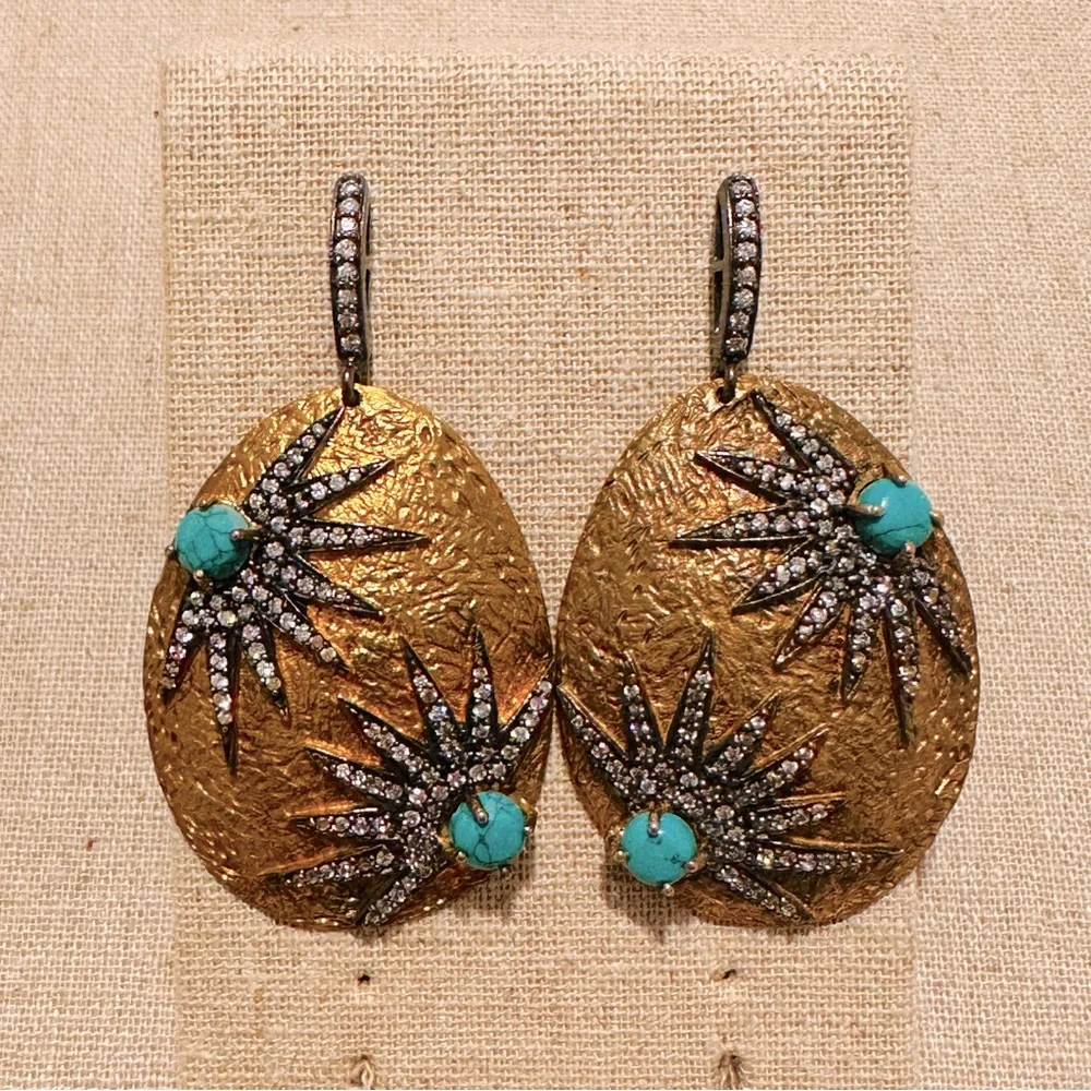 Kanupriya | Earrings | Kanupriya Turquoise & CZ Starburst Oval Earrings - Picture 1 of 5